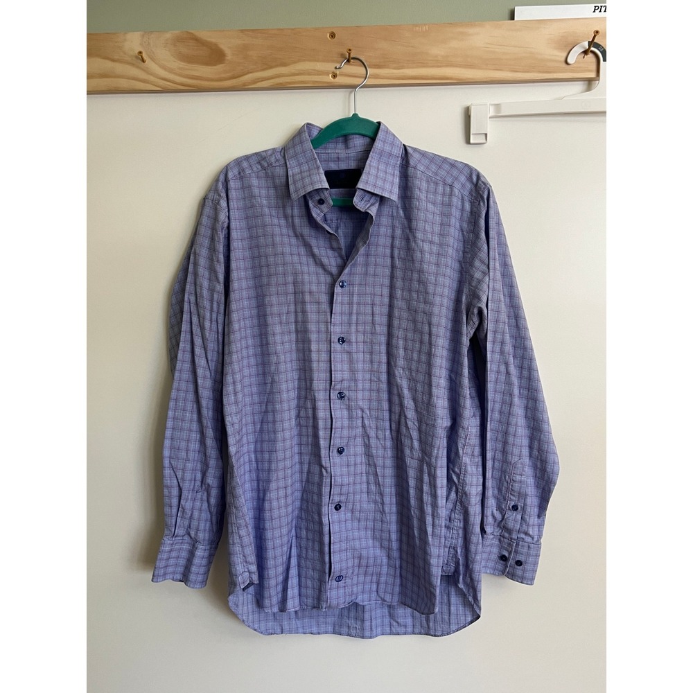 David Donahue Dress Shirt Button‎ Down Purple Plaid Men Size Neck 16 34/35